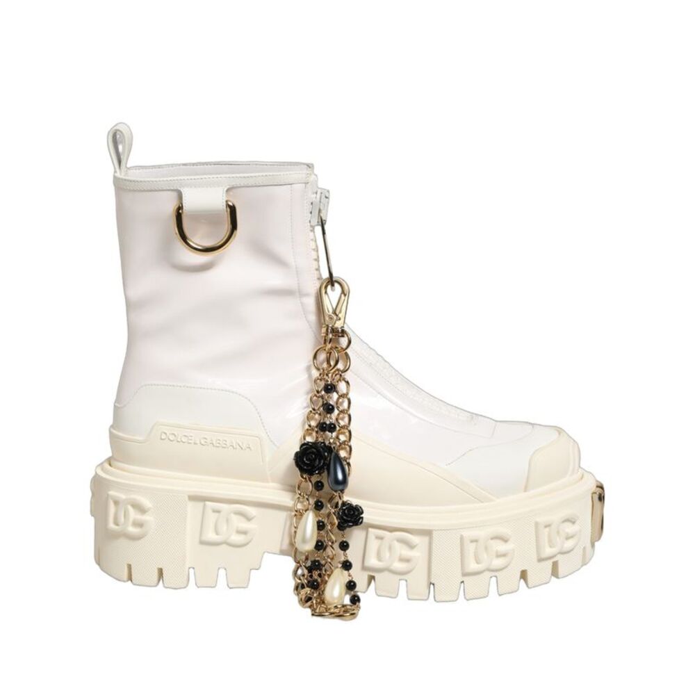 Dolce & Gabbana White Leather Rubber Logo Ankle Boots Women's Shoes